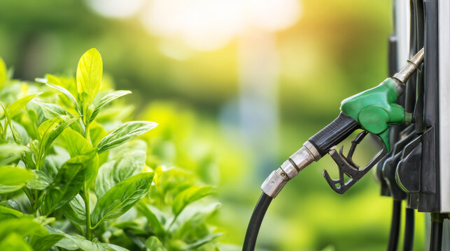 Fuel pump nozzle with vibrant green plants in foreground, symbolizing eco friendly fuel, biofuel, and sustainable energy