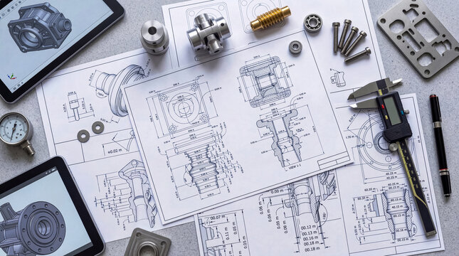 Industrial engineering tools and mechanical parts on technical drawings
