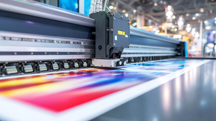 Professional flatbed printer head moving across a colorful print, illustrating modern printing technology and large format production