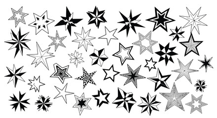 Collection of diverse black and white star shapes