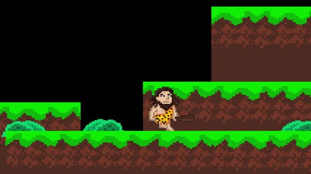 Pixel art style animation of a game featuring a caveman with a club walking through a jungle with a monkey, art.
