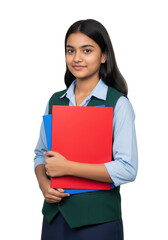 Confident Student with Folders: A poised female student holds vibrant folders, radiating confidence and intellectual curiosity. Her poised demeanor hints at her academic journey.