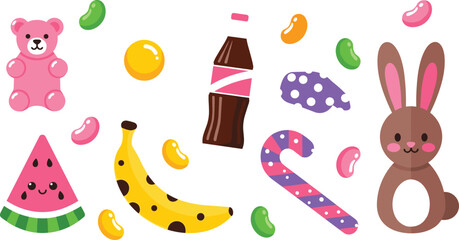 Fototapeta premium Cute Candy and Toy Elements Set with Teddy Bear Bunny Banana Watermelon Candy Cane and Soda Vector Illustration