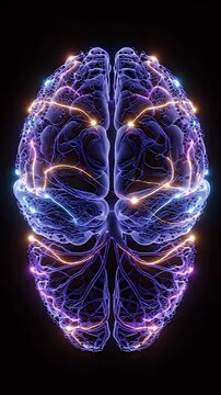 Abstract CGI Representation of Neural Network Activity During Music Perception With Glowing Synaptic Connections in Blue and Purple Hues on a Dark Background