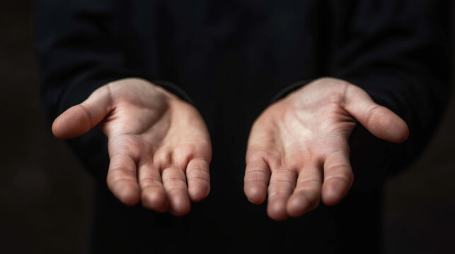 Open hands extending forward, offering, giving, receiving, asking for help, or surrendering with palms up
