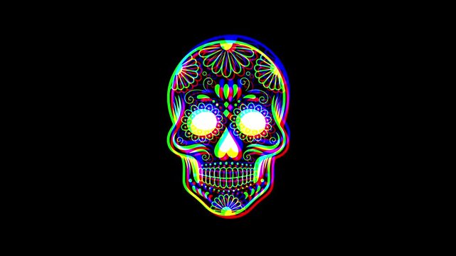 Intricately detailed sugar skull with ornate floral patterns and a small cross on the forehead, featuring a vibrant digital glitch effect on a solid black background.
