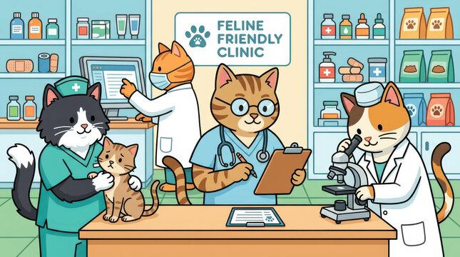 Cartoon Illustration of a Feline Friendly Clinic with Cat Doctors
