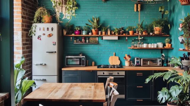 Green Haven Kitchen: An inviting kitchen, where natural light pours in to illuminate a curated collection of thriving house plants that infuse a room with life and vitality.
