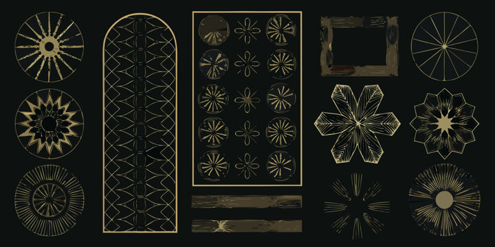Geometric gold patterns and floral designs arranged on a black background