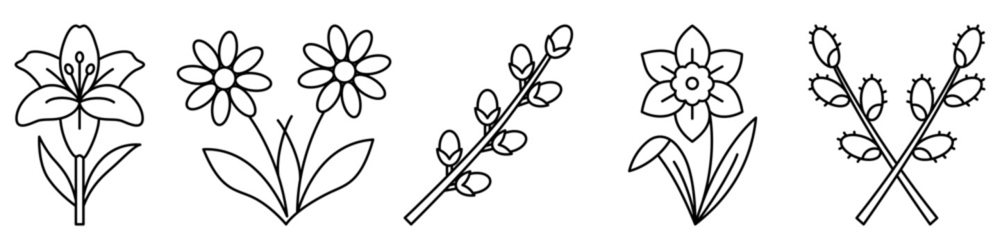 Set of linear icons featuring spring flowers and willow branches in an outline style on a white background. Vector illustration.