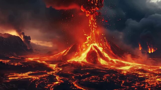 Volcanic Eruption: Witness the raw, untamed power of nature as a volcano erupts, spewing forth fiery lava and billowing smoke against a dramatic sky.