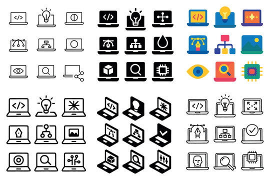 Technology icons with laptop lightbulb code colorful