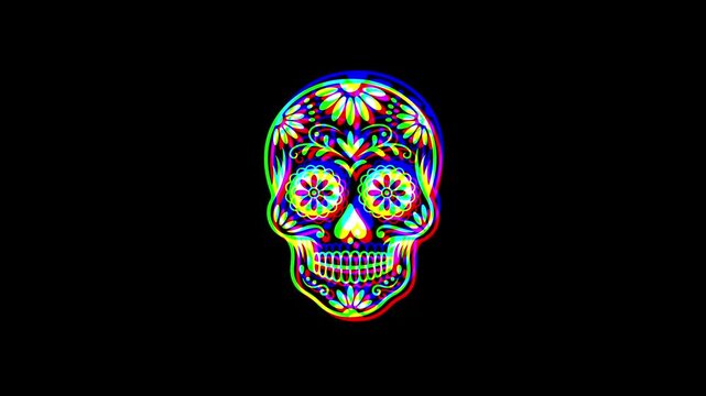 Intricately detailed sugar skull with ornate floral patterns and a small cross on the forehead, featuring a vibrant digital glitch effect on a solid black background.