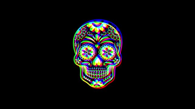 Intricately detailed sugar skull with ornate floral patterns and a small cross on the forehead, featuring a vibrant digital glitch effect on a solid black background.