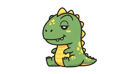 Fototapeta premium Cute Green Dinosaur with Yellow Spots, Sitting and Smirking