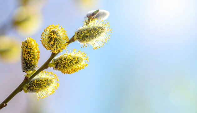 Blooming goat willow branch (Salix caprea) with yellow pollen-covered catkins in blue sky. Spring nature background with delicate bokeh, symbolizing renewal, seasonal change and botanical beauty.