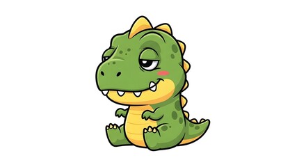 Fototapeta premium Charming cartoon baby dinosaur character in vibrant green, sitting with a sweet, content expression, ideal for kids' content, mascots, and whimsical art