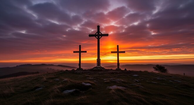 Three crosses silhouetted against a dramatic sunset sky landscape