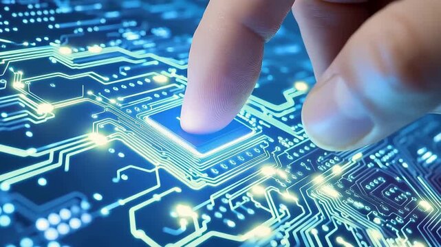Circuit's Touch: A close-up shot of a finger delicately touching an illuminated circuit, highlighting the blend of human interaction with advanced technology.