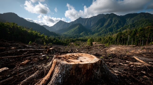 Devastating wide-angle view of freshly clear-cut rainforest, focusing on large textured tree stump surrounded by charred earth and debris.