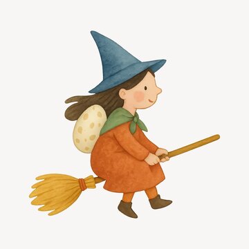 Whimsical witch flying broomstick illustration.