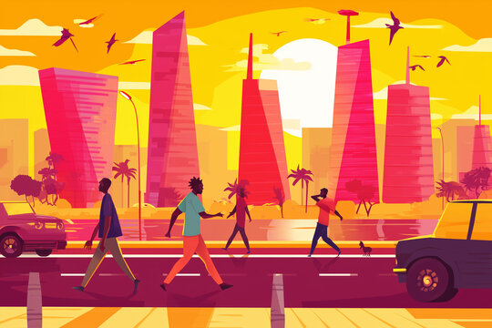 Accra city skyline, colorful silhouette illustration modern buildings and coastal harbor