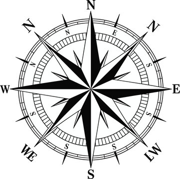 Detailed Black and White Compass Rose with Cardinal and Intercardinal Directions navigation north