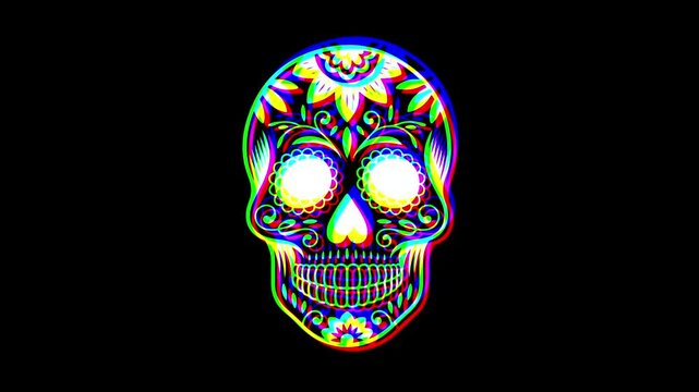 Intricately detailed sugar skull with ornate floral patterns and a small cross on the forehead, featuring a vibrant digital glitch effect on a solid black background.