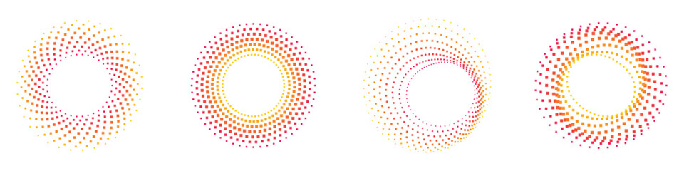 gradient square dot radial rings forming twisted circular spiral motion geometric pattern isolated on white background for modern decorative design © IffeArtworks