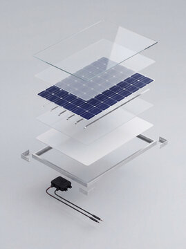 Exploded View of Solar Panel Module with Protective Glass Cells Backsheet Aluminum Frame and Junction Box.