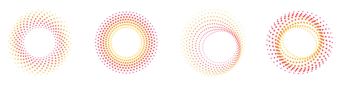 gradient square dot radial rings forming twisted circular spiral motion geometric pattern isolated on white background for modern decorative design