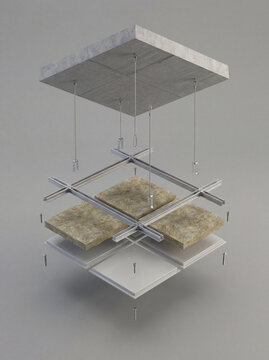 Exploded View of Suspended Ceiling System with Panels Grid Hangers Insulation and Structural Slab.