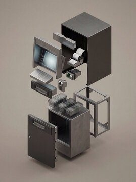 Exploded ATM machine with housing, screen, keypad, cash acceptor, cash cassettes and safe compartment.