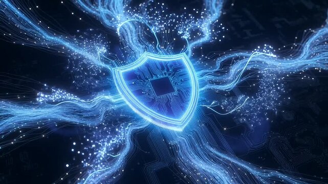 Digital shield protecting sensitive data, cybersecurity concept with glowing lines and particles