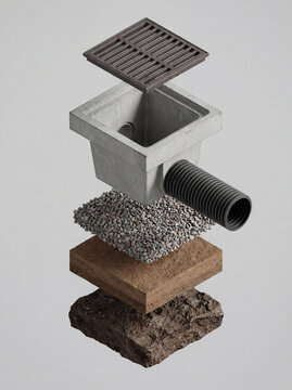 Exploded stormwater drain assembly with grate catch basin pipe gravel backfill and soil on a clean uniform background.