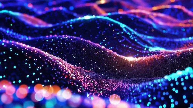 Illuminating Digital Landscape: A mesmerizing digital tapestry of pulsating, multi-colored particles undulates, creating a dynamic and ethereal visual experience.