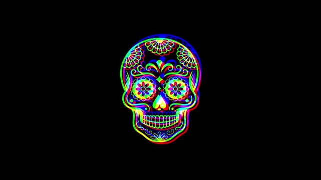 Intricately detailed sugar skull with ornate floral patterns and a small cross on the forehead, featuring a vibrant digital glitch effect on a solid black background.