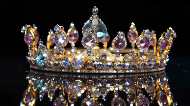 Royal Crown: An opulent golden crown, adorned with exquisite gems, rests regally against a dark background, the epitome of royal elegance.