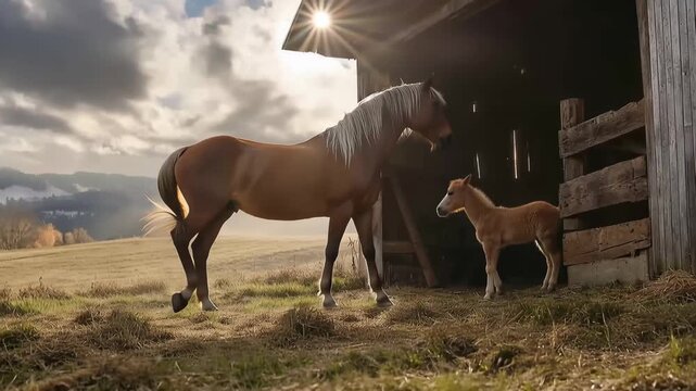 Mother and Foal: A tender moment unfolds as a majestic horse stands watch over its young foal near a weathered barn, bathed in the warmth of the sun and the vastness of the natural landscape.