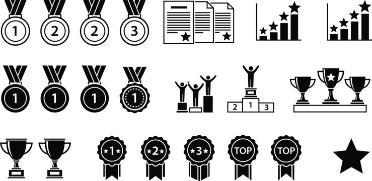 Set of achievement reward icons featuring gold medals trophies winner podiums star ratings and success certificates for business competition sports.