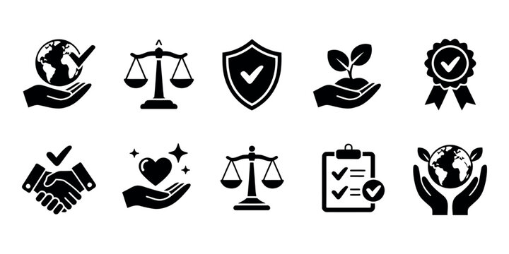 Business Ethics Solid Icon Set Featuring Corporate Responsibility Legal Compliance Integrity Transparency Trust Leadership Governance Professional Standards Vector Symbols