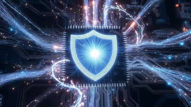 Digital security shield glowing in the center of a circuit board, representing data protection and cybersecurity concept