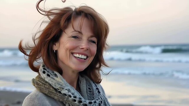 Radiant Smile by the Shore: A woman, her hair gently tousled by the sea breeze, beams with genuine joy against the backdrop of the ocean. Capturing a moment of pure bliss and natural beauty.