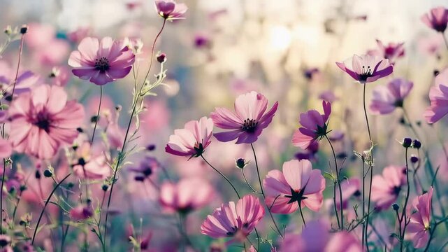 Floral Reverie: Delicate pink cosmos flowers bloom in profusion, their petals gently kissed by the morning light. A serene scene of natural beauty and tranquility.