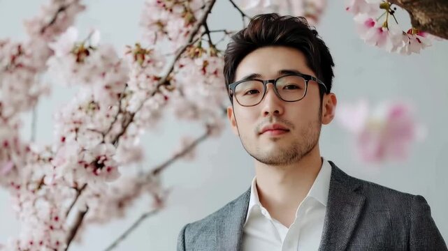 Sophisticated Man Amidst Cherry Blossoms: A dapper gentleman with glasses stands before a delicate display of pink cherry blossoms, a picture of refined elegance and a touch of spring.