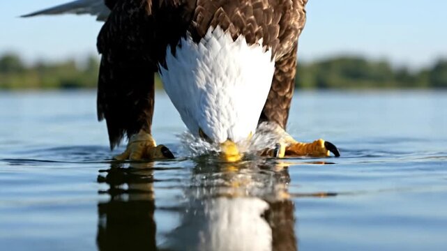 Bald eagle swooping down to catch fish in the calm lake water from a low angle viewpoint