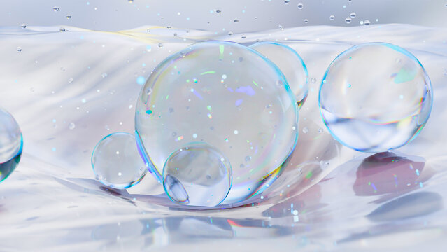 Hyaluronic acid or Moisturizer serum drop, essential Oil Bubbles for cosmetics in water, beauty cosmetic concept, Collagen and vitamin, Skin solution for reducing wrinkles, skin absorption, 3d render