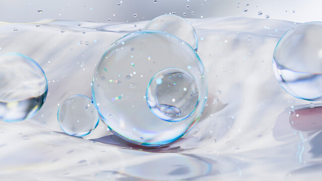 Hyaluronic acid or Moisturizer serum drop, essential Oil Bubbles for cosmetics in water, beauty cosmetic concept, Collagen and vitamin, Skin solution for reducing wrinkles, skin absorption, 3d render