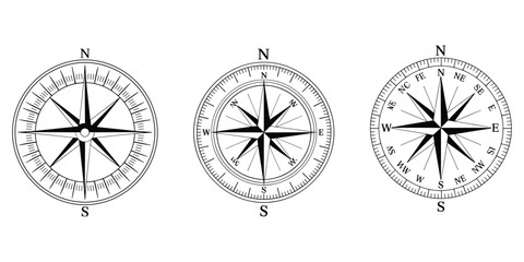 Three Black and White Compass Rose Designs with Cardinal and Intercardinal Directions navigation north © MST Hasina