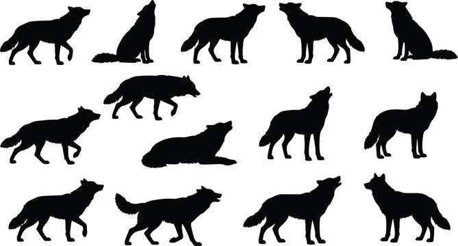 Collection of twelve wolf silhouettes in various poses including howling, standing, walking, sitting, and lying down for design